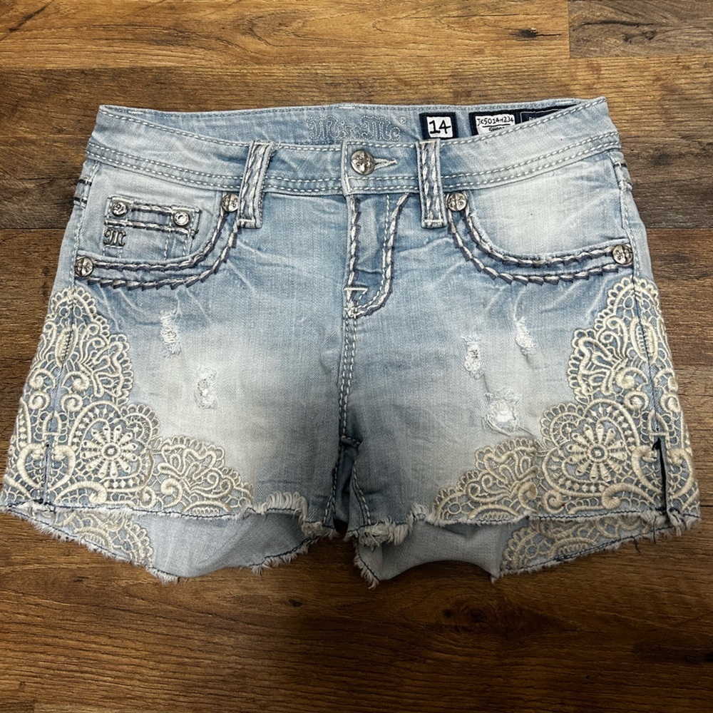 Miss Me Light Blue Jean Shorts with Cream Lace big girls #14